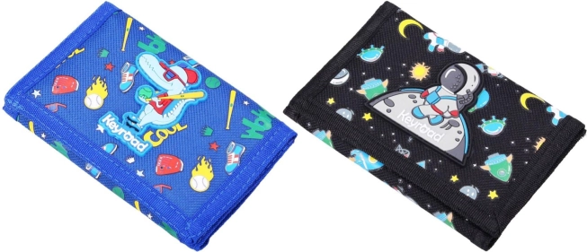 Stoffgeldbörse mit Klettverschluss, 12,5 × 8 cm, 2 Motive (Dinosaurier / Astronaut)