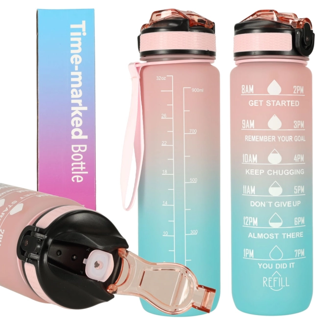 Motivations-Wasserflasche mit Trinkhalm 1L Rosa & Blau