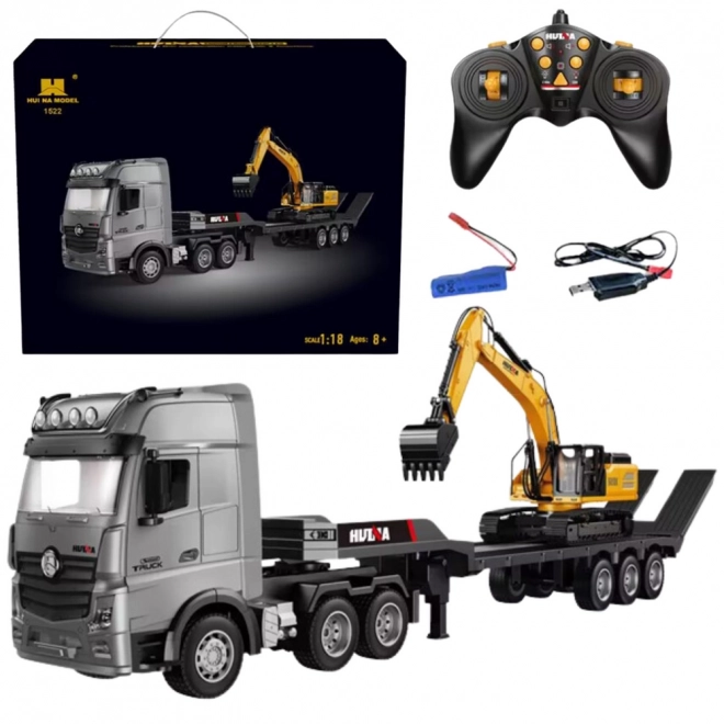Ferngesteuertes Lastwagenmodell mit Anhänger und Bagger Huina 1:18