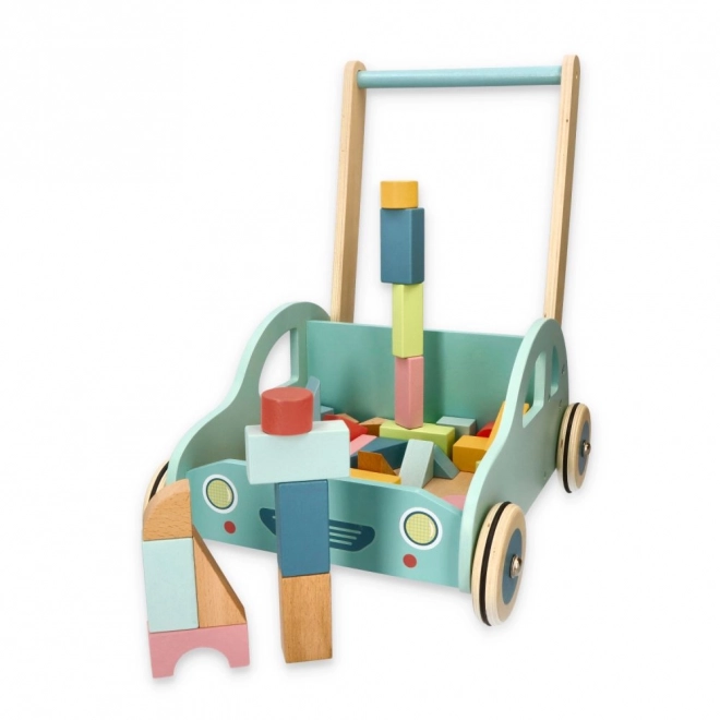 Holzschiebewagen mit Bauklötzen