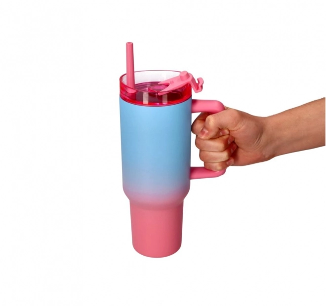 Großer Thermobecher mit Strohhalm - Blau Rosa