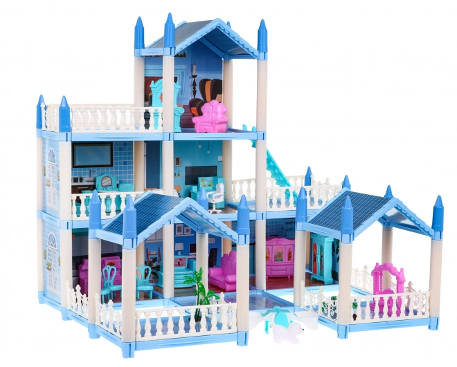 3-stöckiges Puppenhaus – Geschenk für Mädchen 6+ – Blaue Villa mit Ausstattung