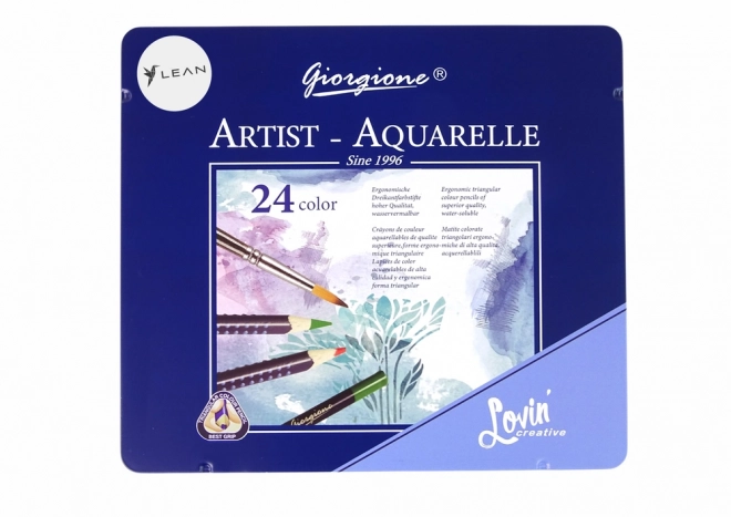 Set mit 24 Aquarellstiften im Metallbehälter