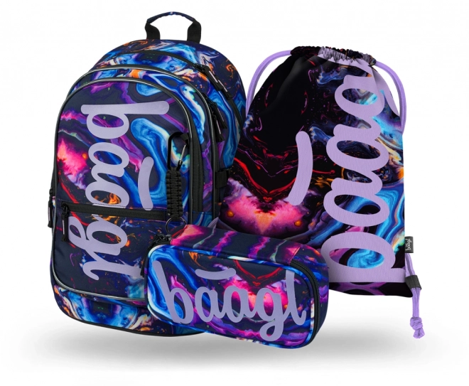 BAAGL Core Marble Schultaschen-Set: Rucksack, Federmäppchen, Beutel