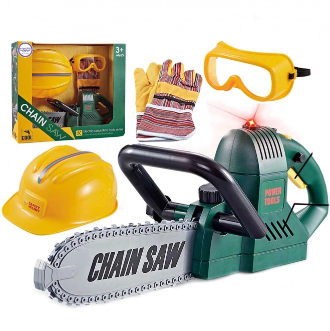 Großes Kettensägen-Spielset mit Helm, Brille und Handschuhen