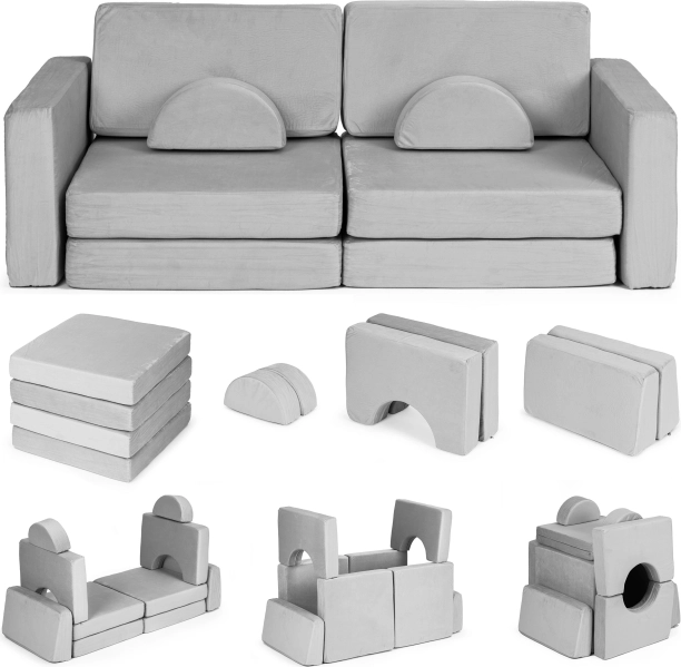 Großes zweisitziges modulares DIY-Kindersofa zum Falten mit 10 weichen Kissen – grau ECOTOYS