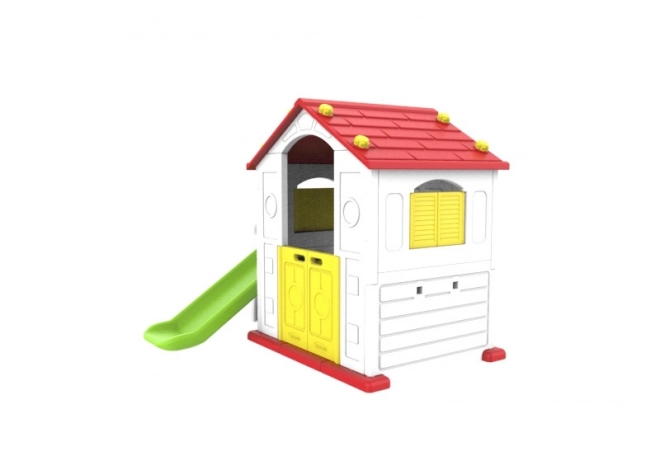 Kindergartenhaus mit rotem Dach, Rutsche und Basketball