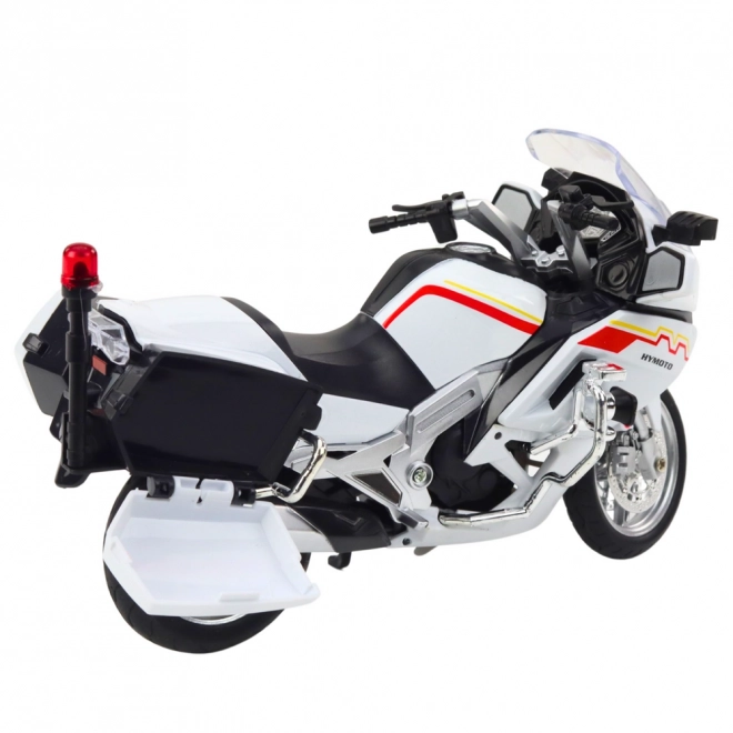 Metall Motorrad mit Lichtern und Geräuschen, weiß mit roten und gelben Streifen 1:12
