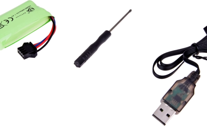 Wiederaufladbarer 7,4 V Akku und USB-Kabel im Lieferumfang