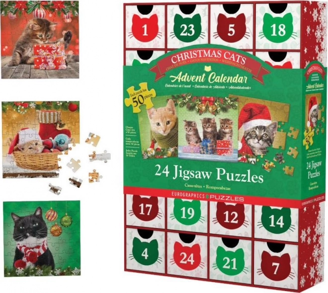 Adventskalender mit Eurographics-Puzzle 24 x 50 Teile – Weihnachten Katzen