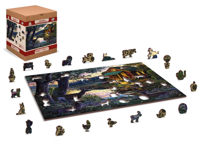 Holzpuzzle mit Spielfiguren - Abend am Seehaus