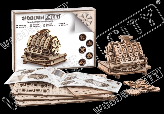 Holzmechanisches 3D-Puzzle V8 Motor