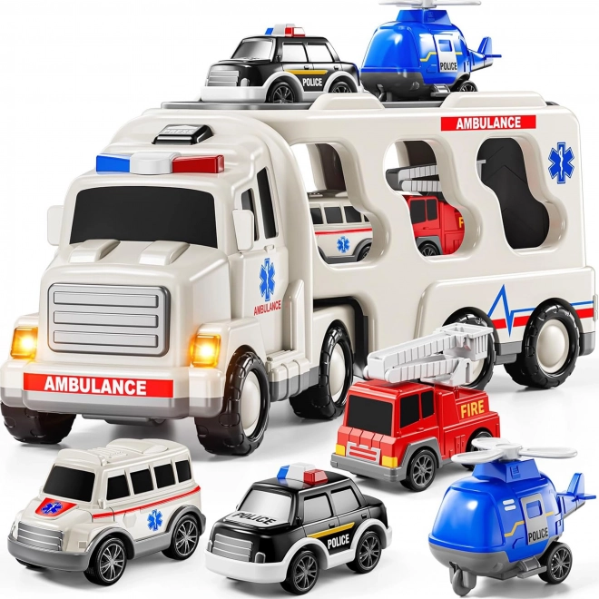 Woopie Rettungsfahrzeugset mit Transporter und 4 Rettungsfahrzeugen
