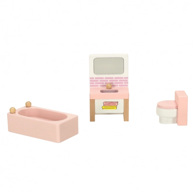 Puppenhausmöbelset für Wohnzimmer, Schlafzimmer, Badezimmer und Küche, aus Holz, rosa