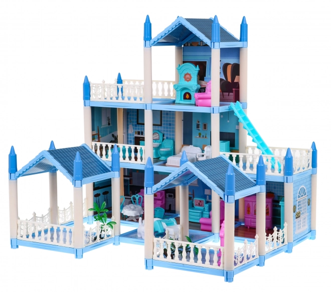 3-stöckiges Puppenhaus – Geschenk für Mädchen 6+ – Blaue Villa mit Ausstattung