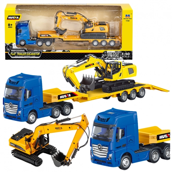 Modell eines LKWs mit Anhänger und Bagger 1:50 Huina