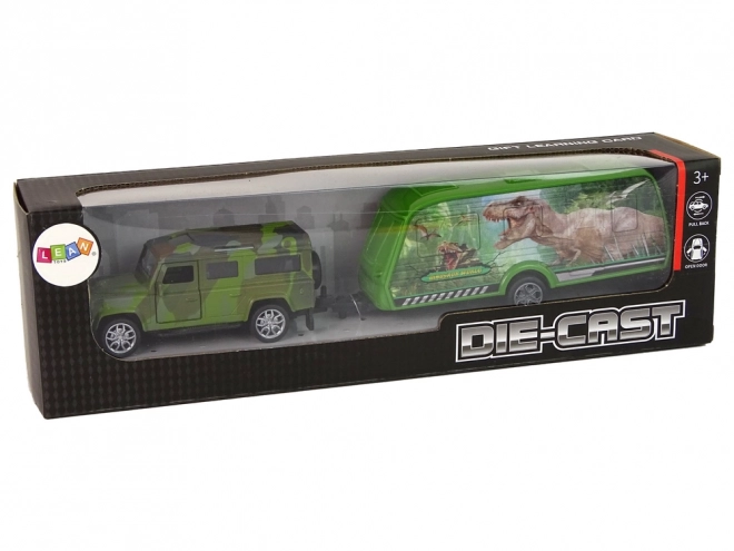 Spielzeugauto Jeep mit Anhänger und Dinosauriern