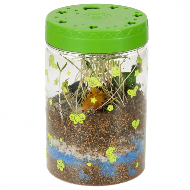 Terrarium zum Pflanzenanbau mit LED-Lampe und Dinosauriern