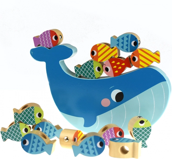 Tooky Toy Holzspiel Wal und Fische Multifunktional 4 in 1