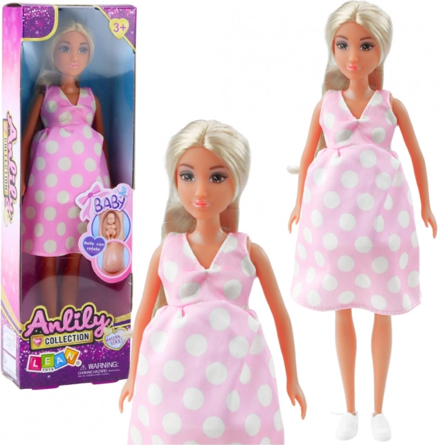 Schwangere Puppe Anlily in Rosa Kleid mit Punkten und Langen Haaren