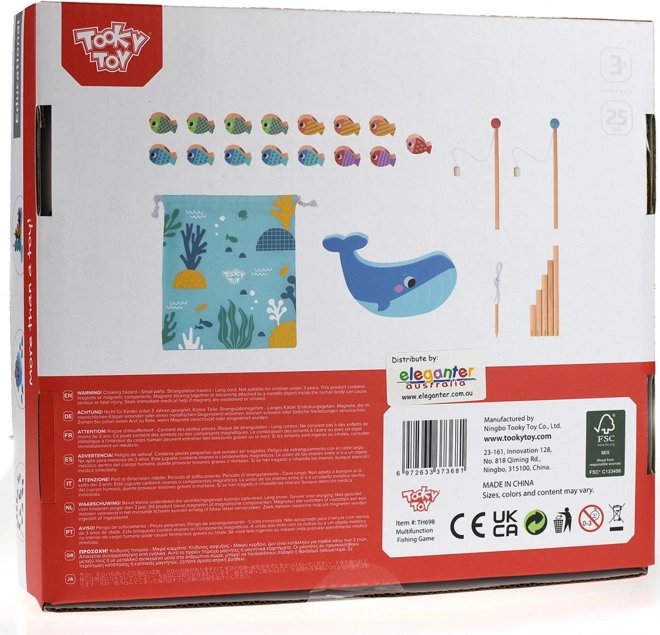 Tooky Toy Holzspiel Wal und Fische Multifunktional 4 in 1