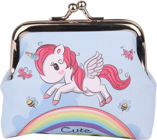 Kinder-Geldbörse Einhorn über dem Regenbogen blau Metallverschluss 10x9 cm