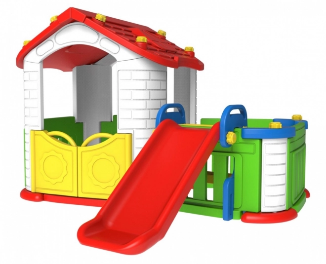 Kinder-Gartenhaus 3 in 1 Rot + Rutsche + Garten mit Zaun