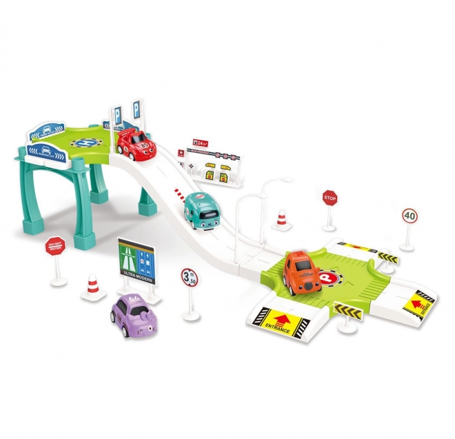 Woopie parkhaus mit tankstelle und spielzeugautos
