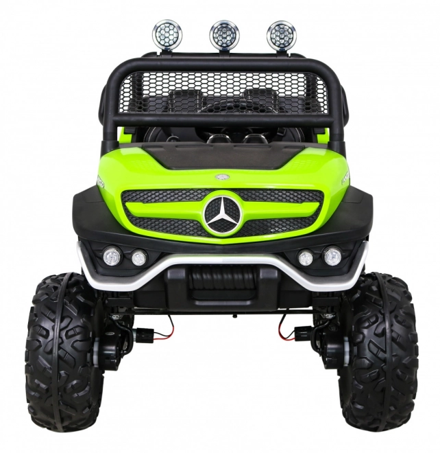 Mercedes Benz Unimog für Kinder Grün + Antrieb 4x4 + Fernsteuerung + Kofferraum + langsamer Start + MP3 LED