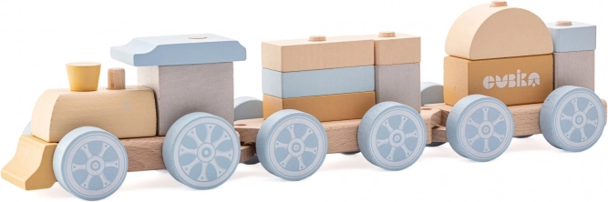 Cubika pastellfarbiger Regenbogenzug mit zwei Waggons – Holzsteckspiel 15 Teile
