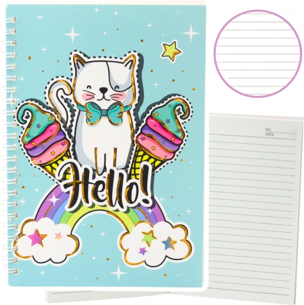 Notizbuch mit Kätzchen und Einhorn, Eiscreme und Regenbogen A5 60 Blätter