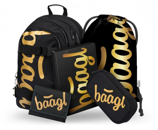 Baagl 5er-Set Skate Gold: Rucksack, Federmäppchen, Beutel, Mappen, Geldbörse