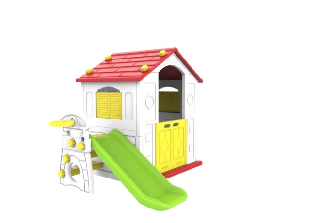 Kindergartenhaus mit rotem Dach, Rutsche und Basketball