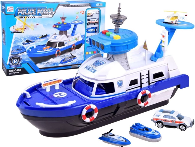 Polizeiboot mit Hubschrauber und Fahrzeugen – Spielset