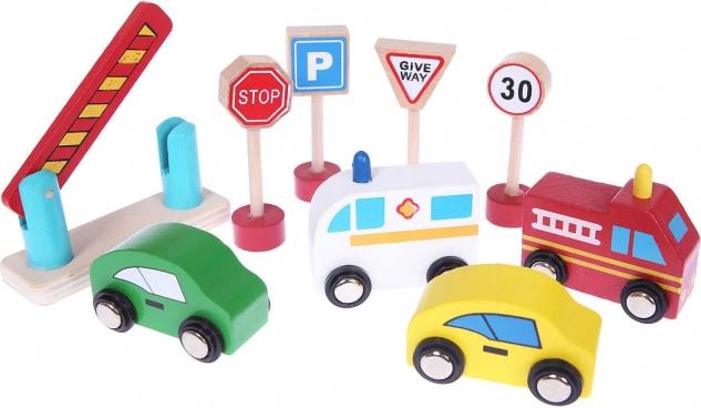 Autos und Verkehrsschilder im Set