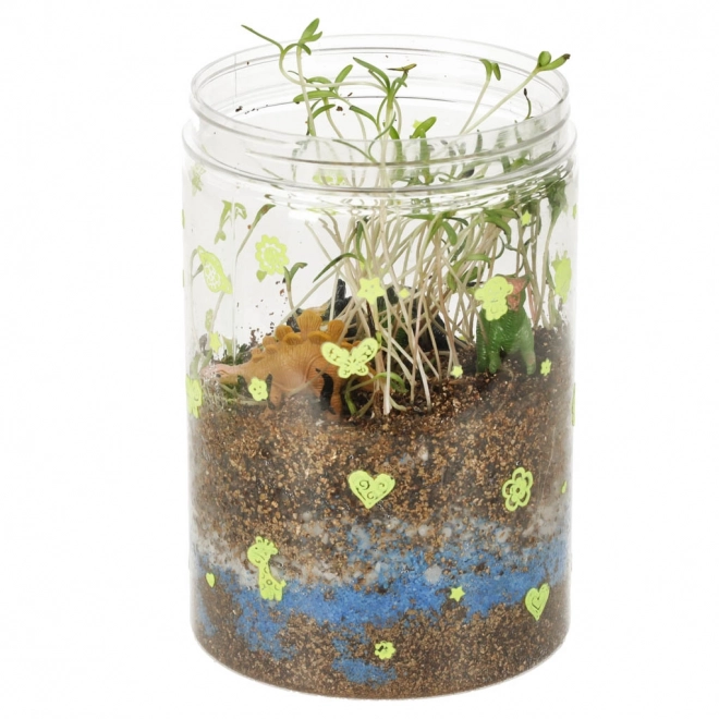 Terrarium zum Pflanzenanbau mit LED-Lampe und Dinosauriern