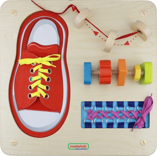Hölzerne Montessori-Tafel zum Fädeln und Schnüren MASTERKIDZ