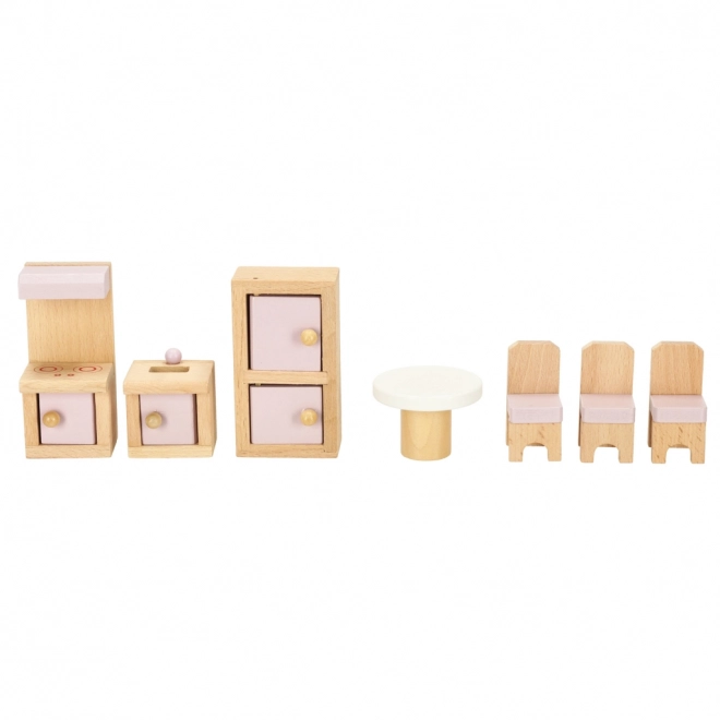 Puppenhausmöbelset für Wohnzimmer, Schlafzimmer, Badezimmer und Küche, aus Holz, rosa