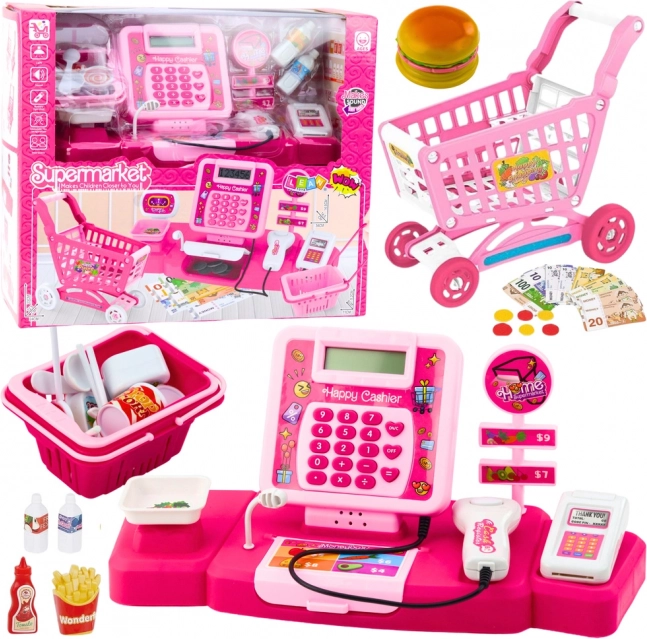 Rosa Registrierkasse und Korb – Kinder-Ladenset