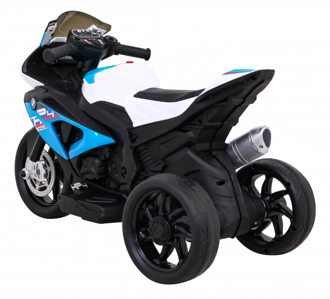 BMW HP4 Kinder Motorrad mit Batterie Blau + 3 Räder + LED + MP3 USB + Öko-Leder