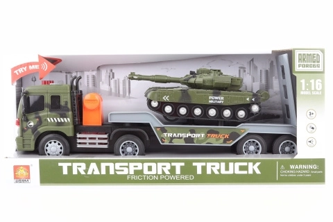 Leuchtender Militär-LKW mit Panzer