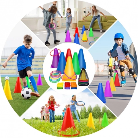 Spielset Kegel, Reifen und Beutel für Kinder