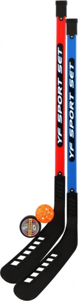Set von Hockeyschlägern für Feldhockey mit Floorballball und Puck