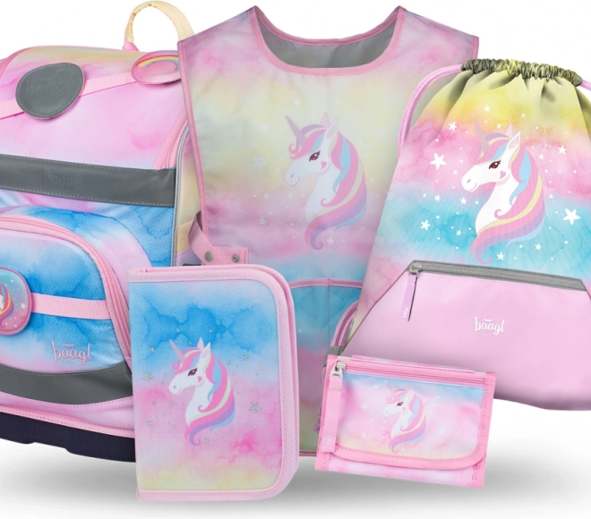 Baagl Set Zippy Plus Rainbow Unicorn: Schulranzen, Federmäppchen, Beutel, Schürze, Geldbörse