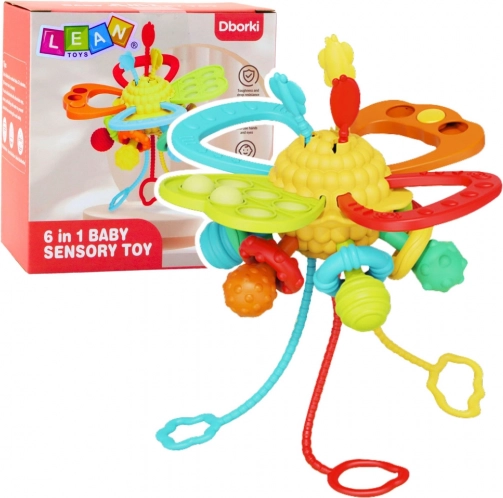 Spielzeug zur sensorischen Stimulation 6-in-1 mit Beißring und Schnüren