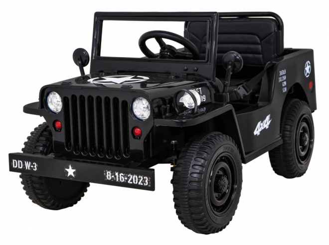 Retro Militärfahrzeug für Kinder schwarz + Allradantrieb 4x4 + Fernbedienung + 2 Gepäckträger + langsamer Start + MP3 LED