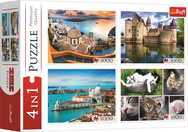 Trefl Puzzle - Santorini, Venedig, Schloss Sully-sur-Loire und Katzen 4x1000 Stück