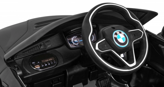 BMW I8 Liftbatterie-Auto Schwarz + Fernbedienung + langsamer Start + 3-Punkt-Gurte + MP3 USB + LED-Leuchte