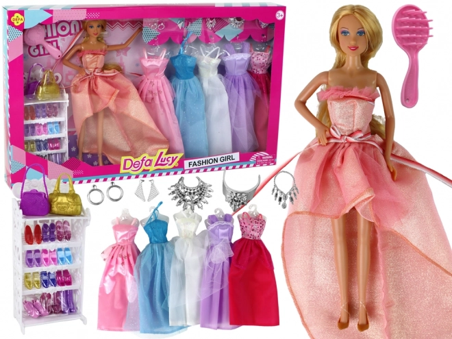 Puppe für Kinder Lange blonde Haare Kleiderschrank Schuhe Kleider Zubehör Rosa