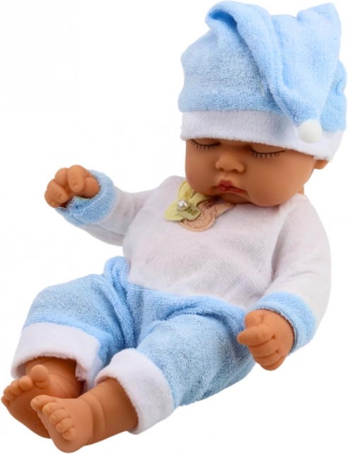 Puppe Schlafendes Baby im Blauen Pyjama mit Mütze